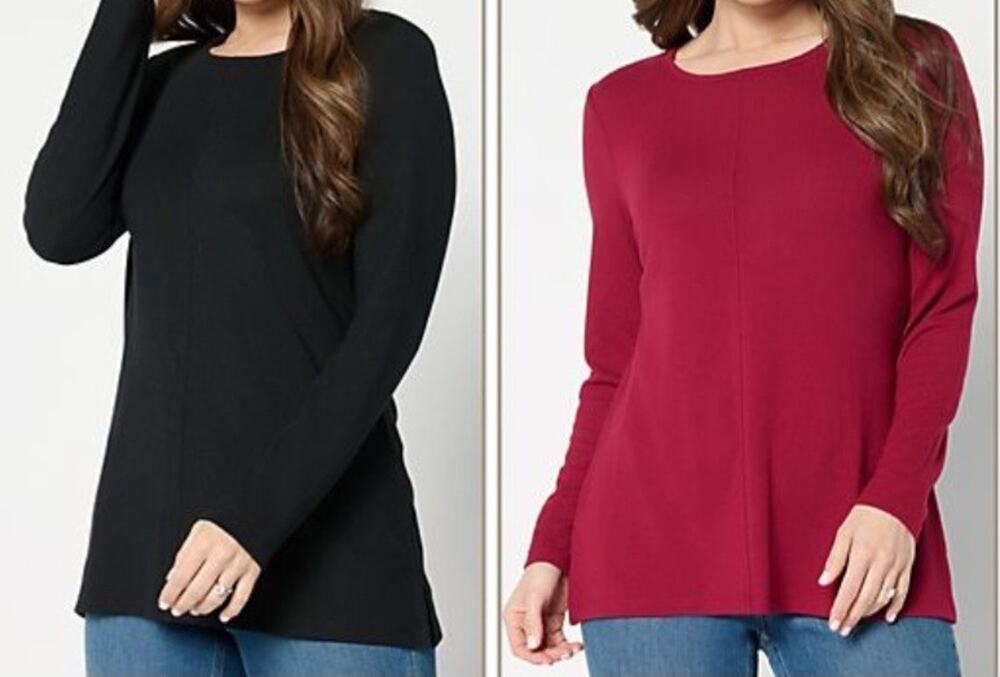 Denim & Co Small Black & Cranberry Jersey 2-Pack Long Sleeve Tunics A668785 NWOT